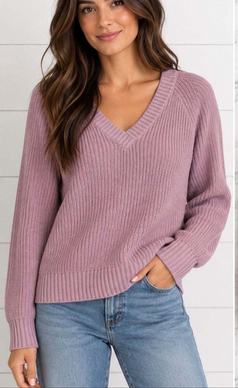 Lands End NWT drifter lavender cotton vneck ribbed sweater large
